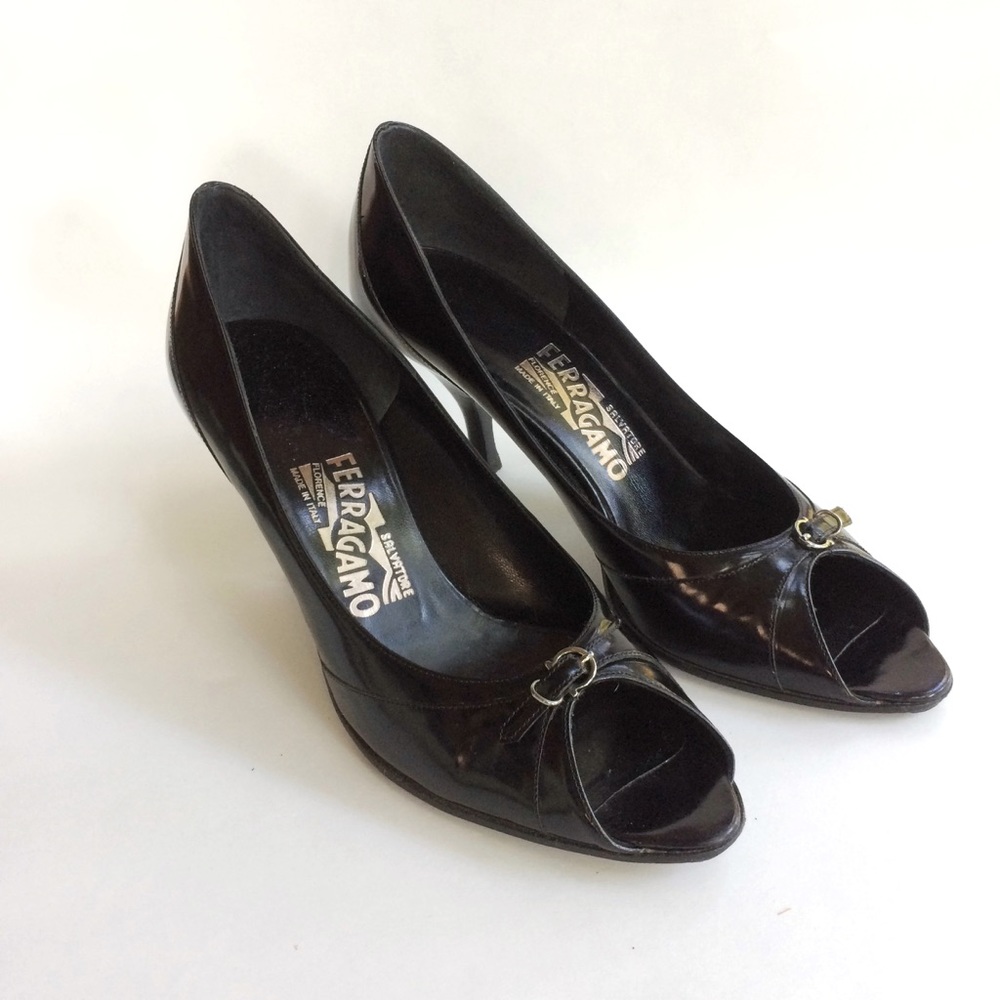 Salvatore Ferragamo Italian Leather Peep Toe Heels
